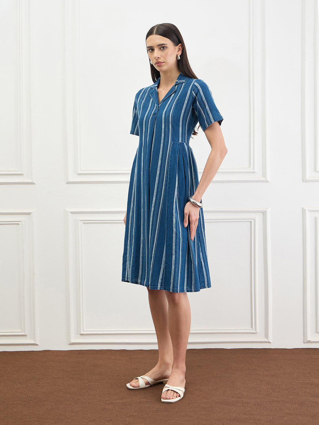 ICONIC Women Cotton Blue Striped Dress