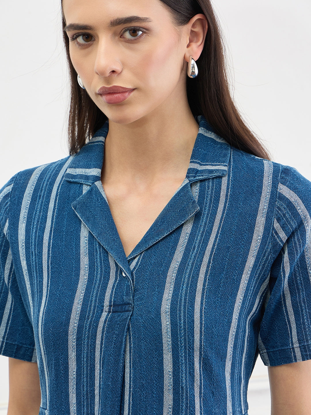 ICONIC Women Cotton Blue Striped Dress
