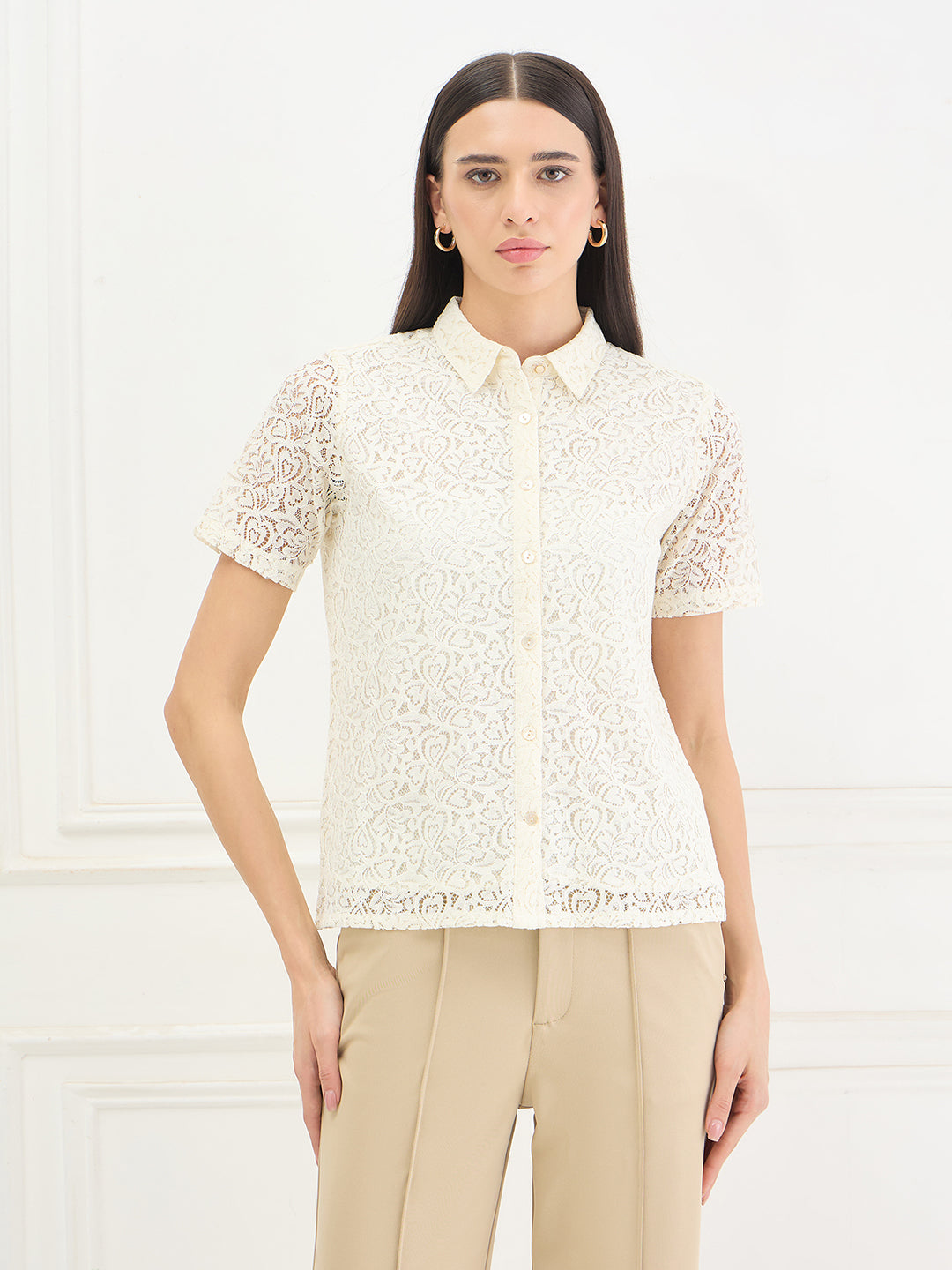Iconic Women Cream Sheer Regular Fit Shirt