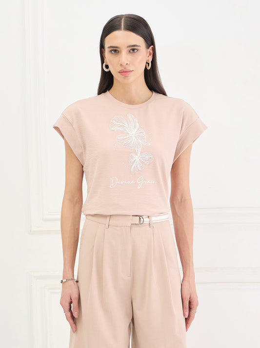 Iconic Women Cotton Pink Floral T-Shirt