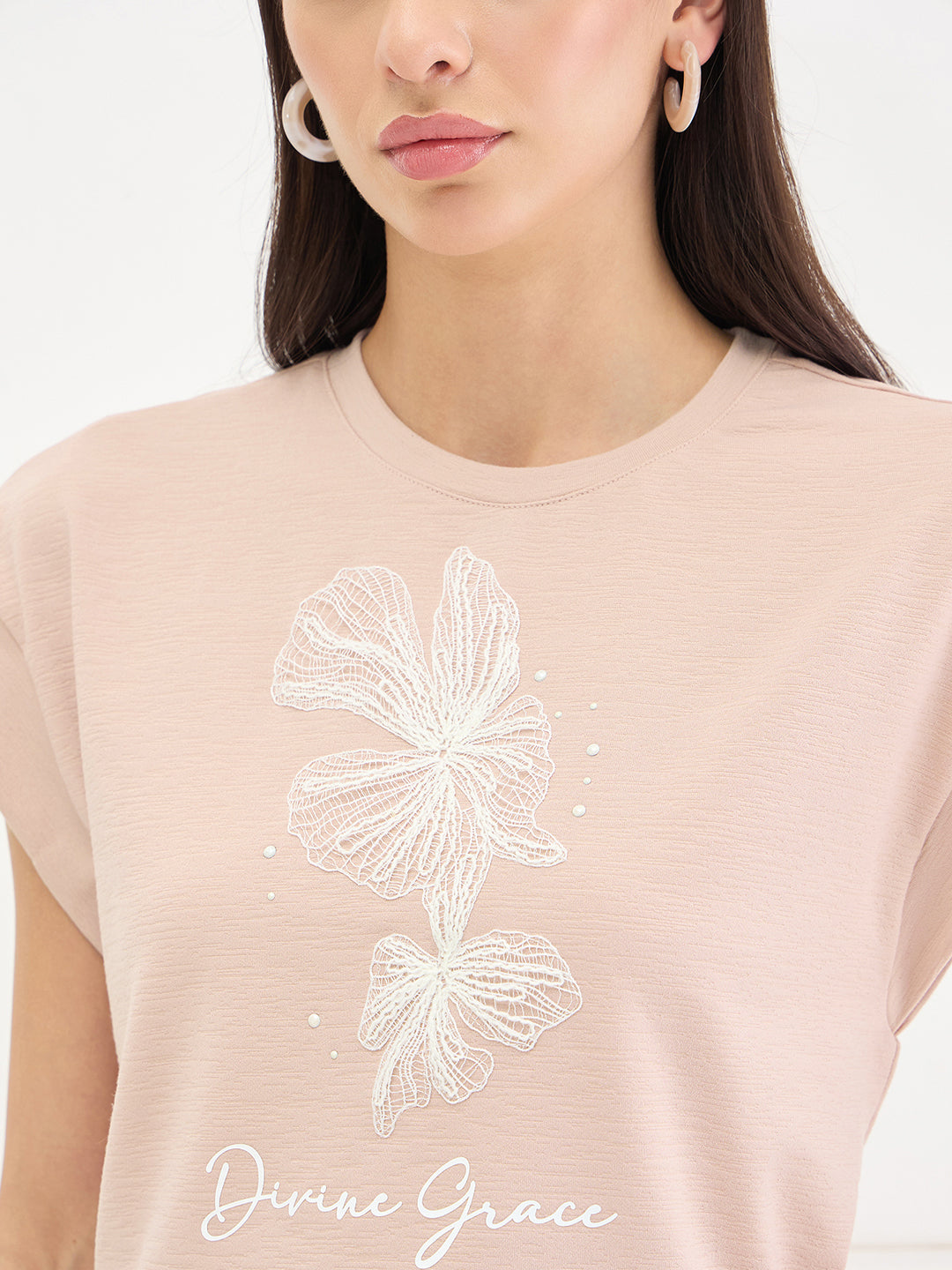 ICONIC Women Cotton Pink Floral T-Shirt