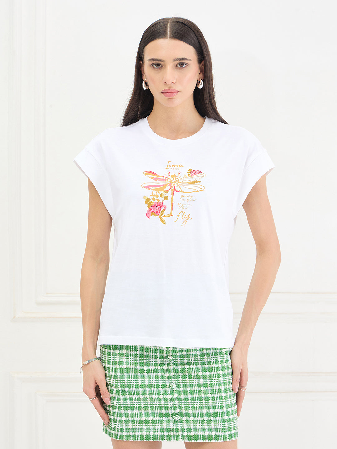 Iconic Women White Printed Regular Fit Pure Cotton T-Shirt