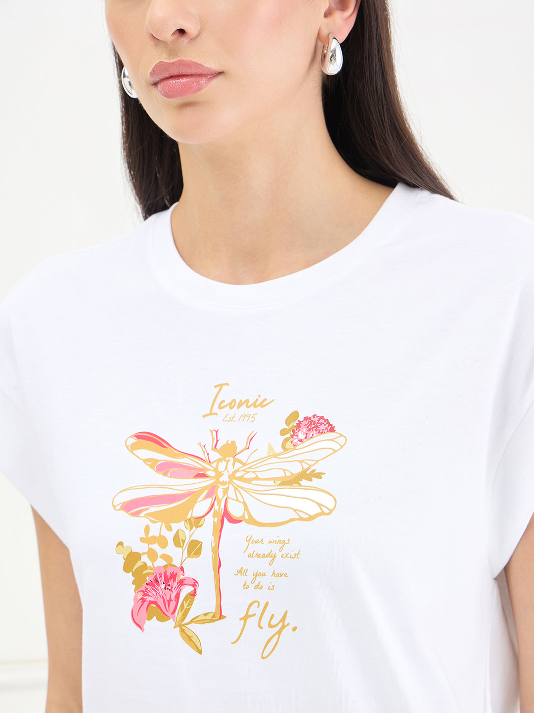 ICONIC Women Cotton White Printed T-Shirt