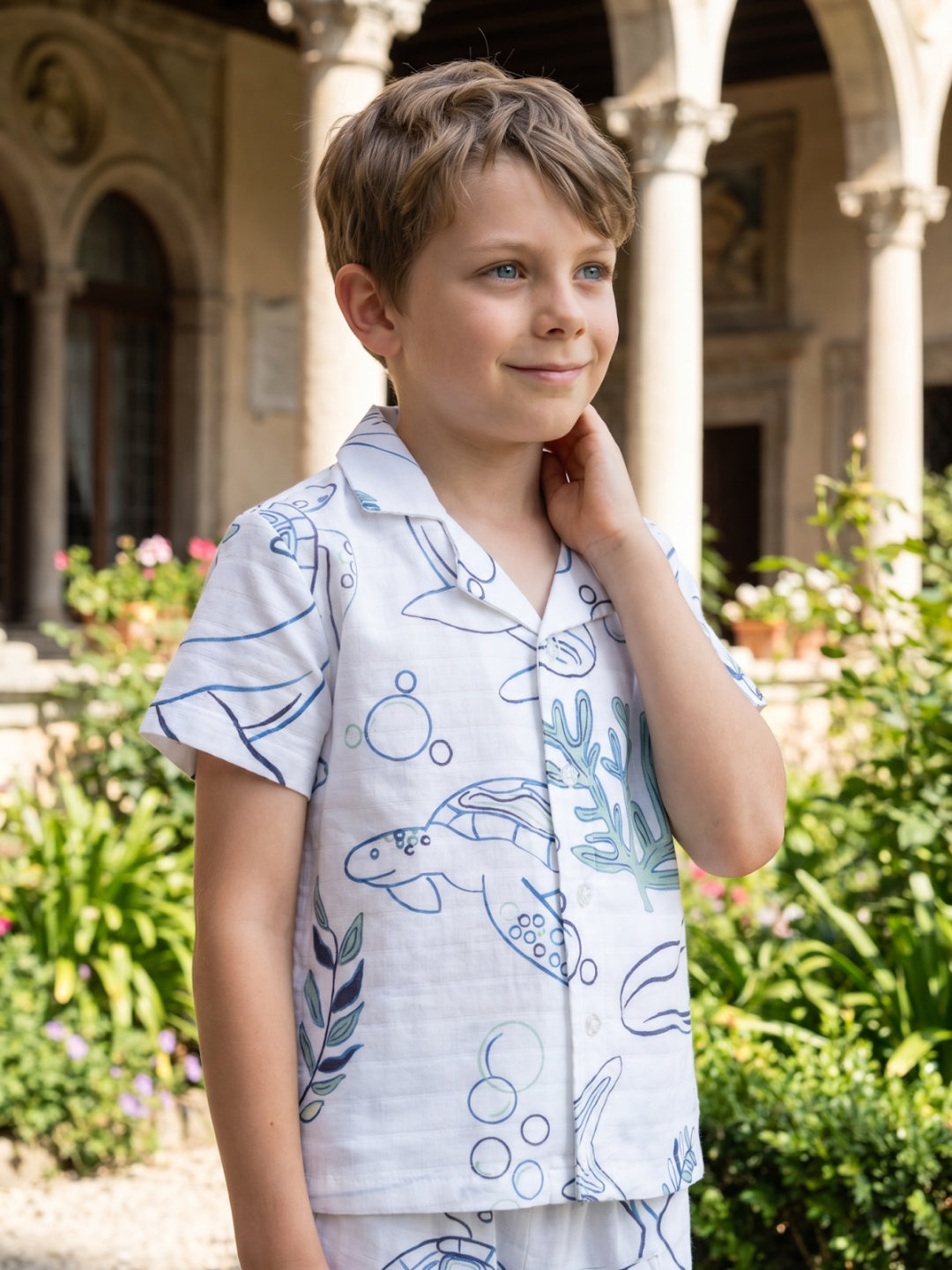 Blue Giraffe Boys White Printed Regular Fit Pure Cotton Shirt