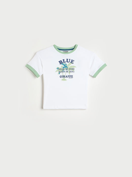 Blue Giraffe Boys White Printed Boxy Fit Pure Cotton T-Shirt