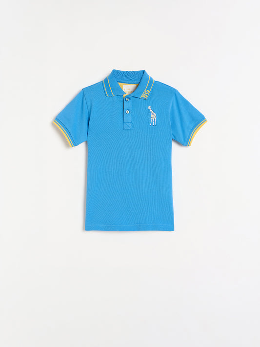 Blue Giraffe Boys Blue Solid Regular Fit Pure Cotton Polo T-Shirt