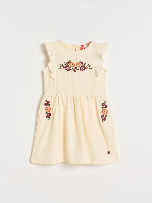Blue Giraffe Girls Cream Embroidered Fit & Gathered Dress