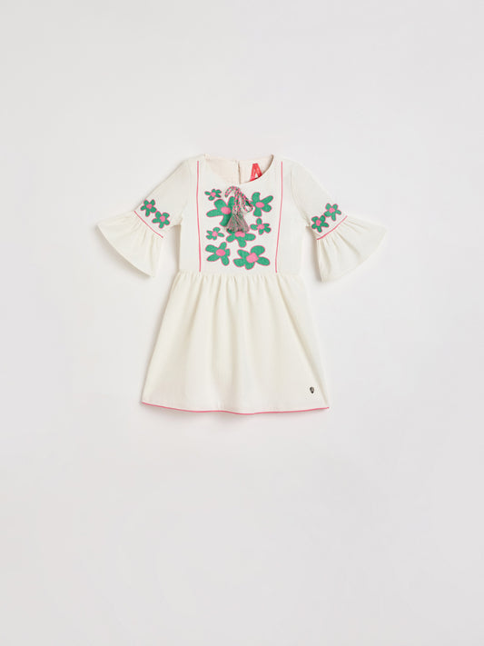 Blue Giraffe Girls White Embroidered Fit & Flared Dress