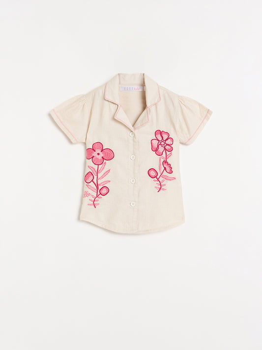 Elle Girls Cream Embroidered Regular Fit Pure Cotton Top