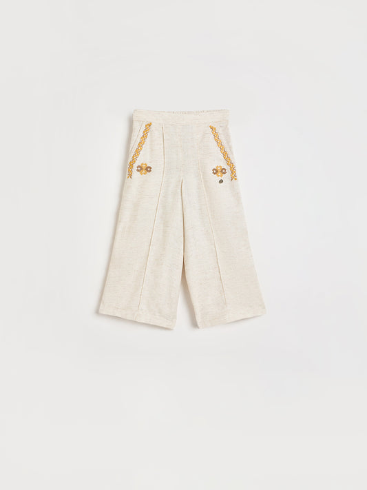 Elle Girls Beige Embroidered Regular Fit Trouser
