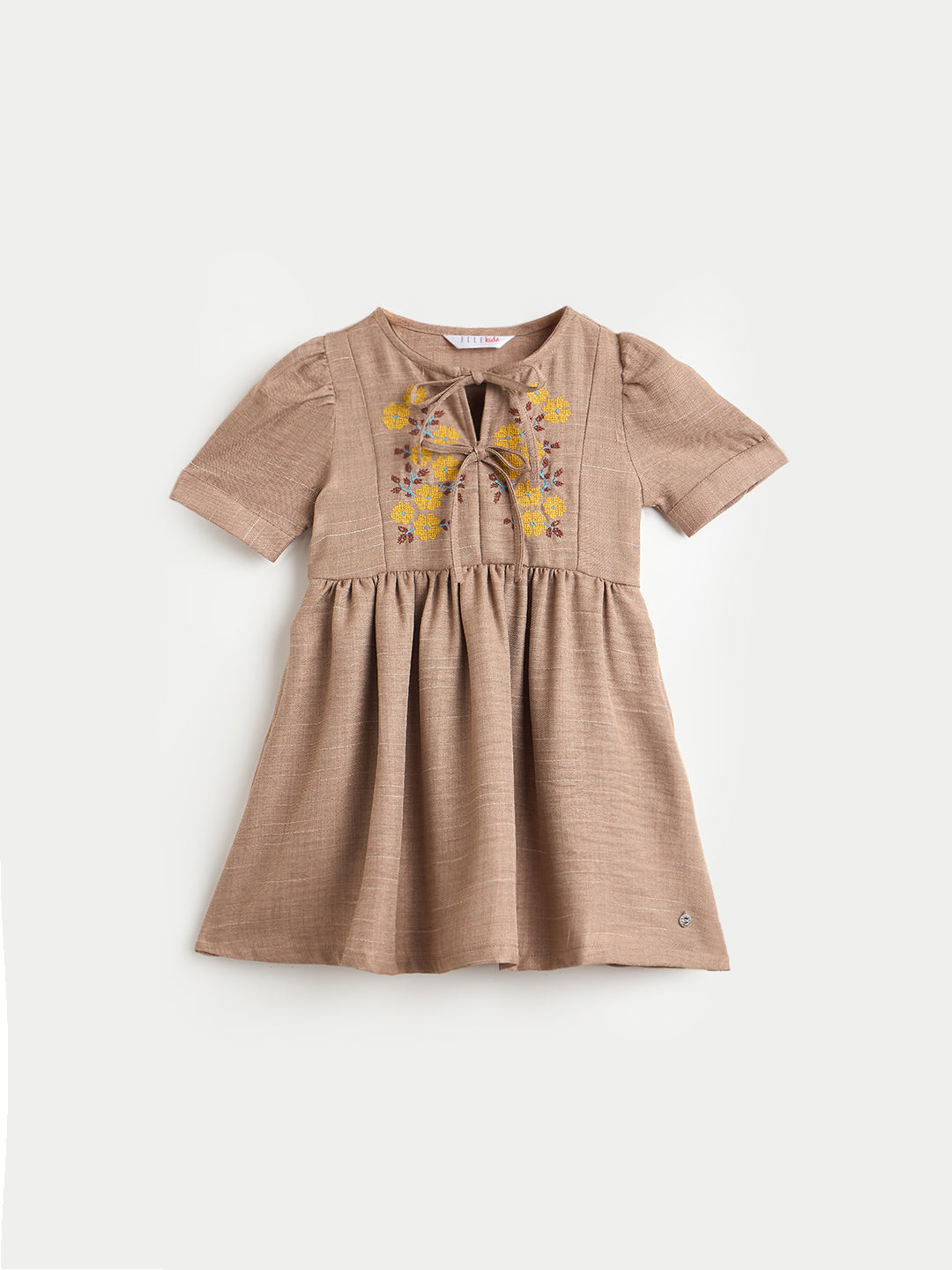 Elle Girls Beige Embroidered Flared Fit Dress