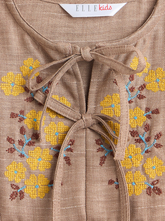 Elle Girls Beige Floral Flared Fit Dress