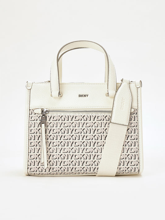 DKNY Women Cream Printed Mini Tote Tote Bags