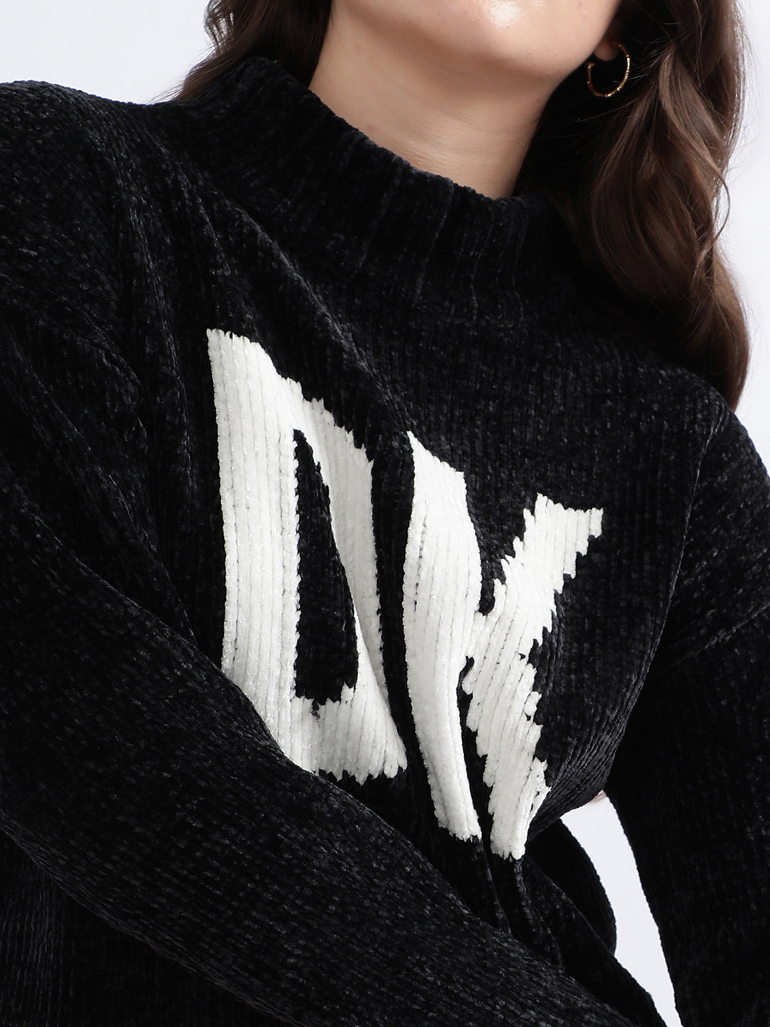 DKNY Women Black Printed Turtle Neck Sweater