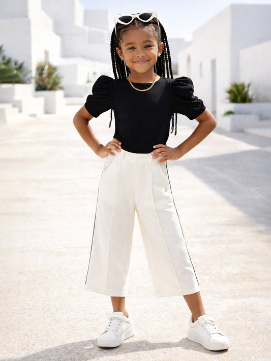 Blue Giraffe Girls White Solid Wide Leg Trouser