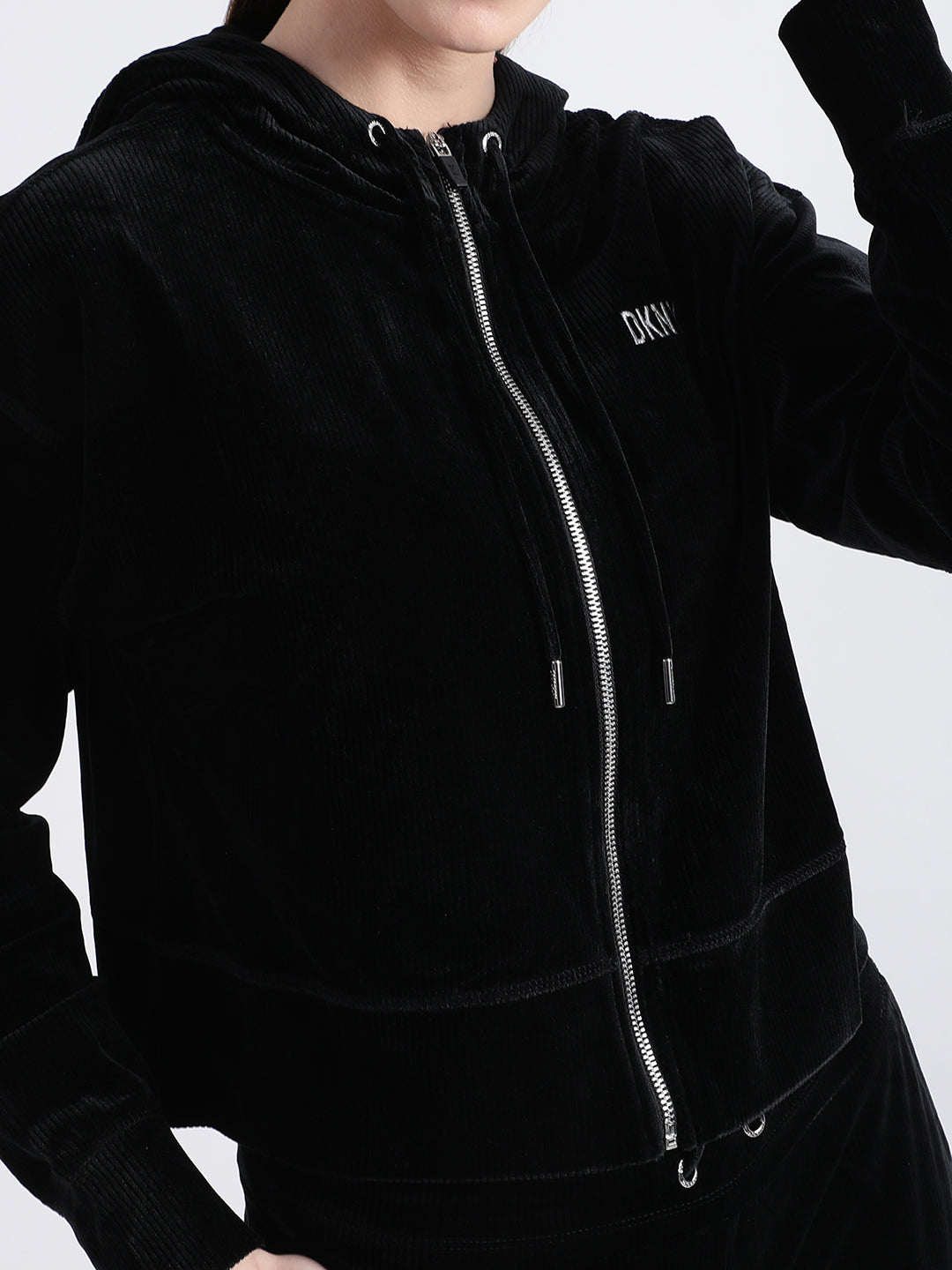 DKNY Women Black Solid Hooded Sweatshirt