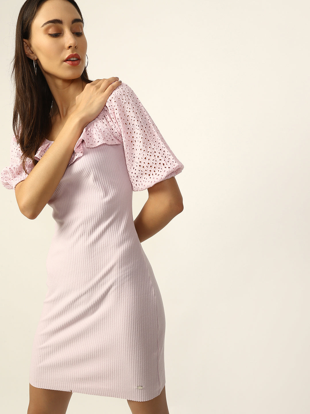 Elle Women Lilac Solid Round Neck Dress