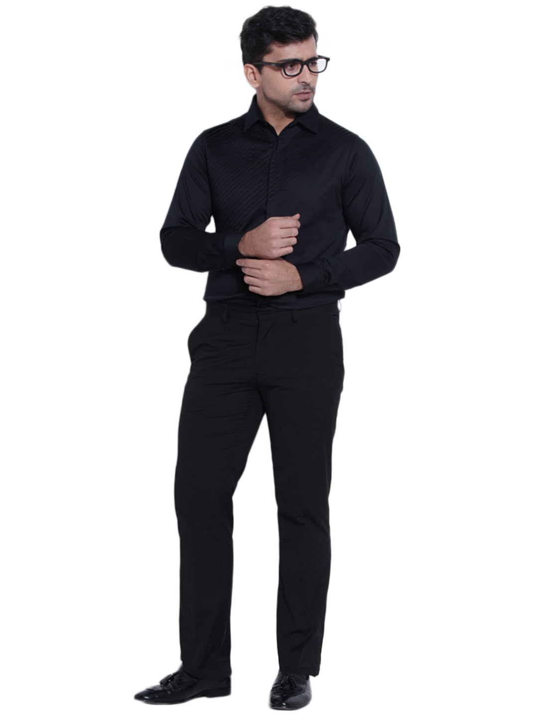 Abkasa Men Black Pleats Collar Shirt
