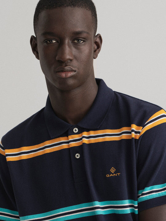 Gant Navy Blue Striped Regular Fit Polo T-Shirt
