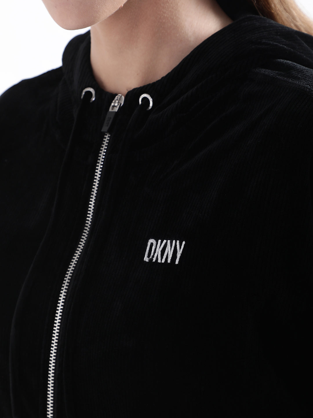 DKNY Women Black Solid Hooded Sweatshirt