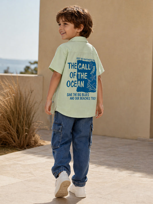 Blue Giraffe Boys Printed Green Shirt