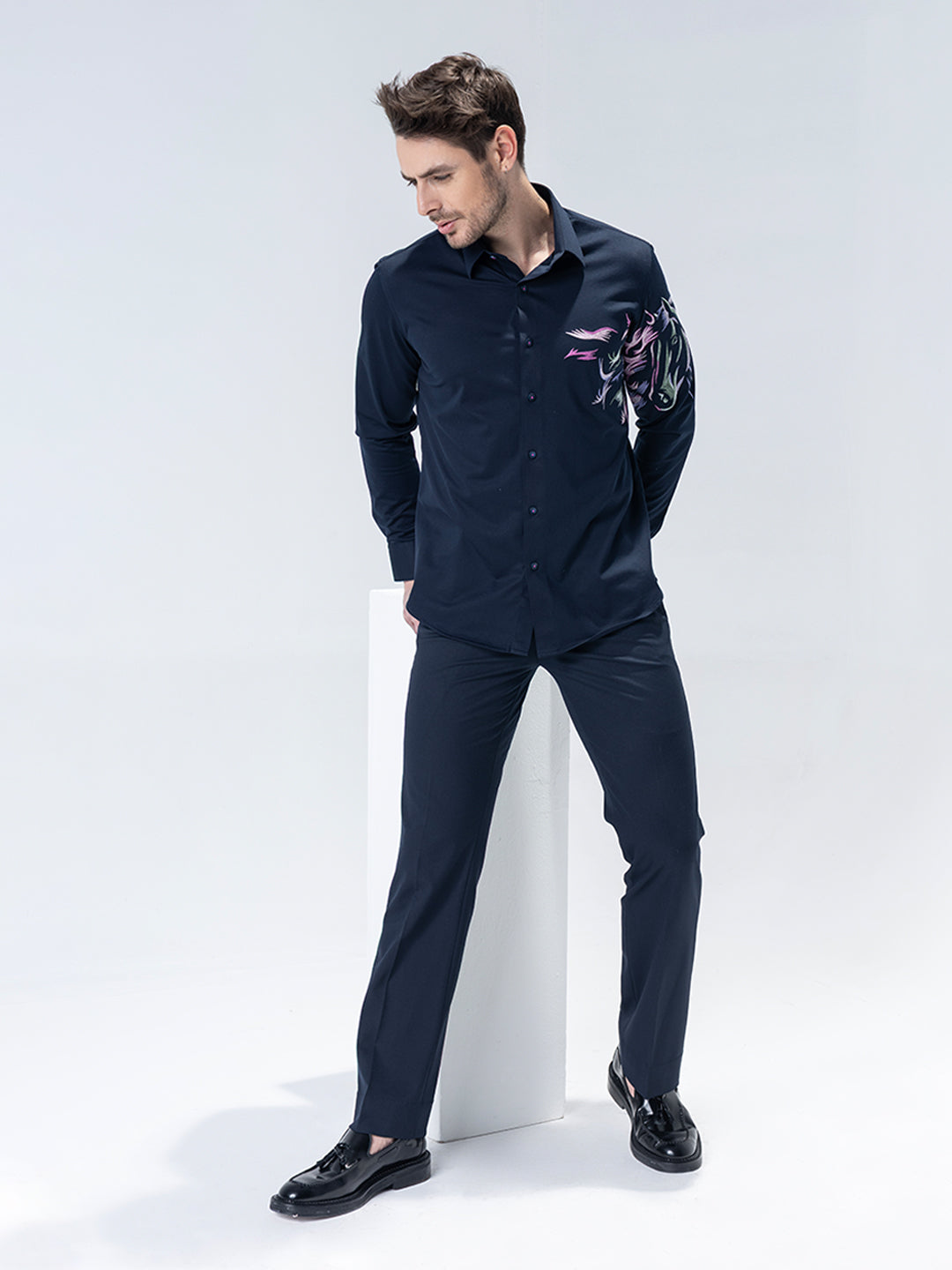 Amit Arora Men Navy Blue Solid Collar Shirt