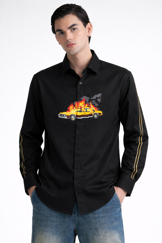 Abkasa Men Black Printed Slim Fit Cotton Shirt