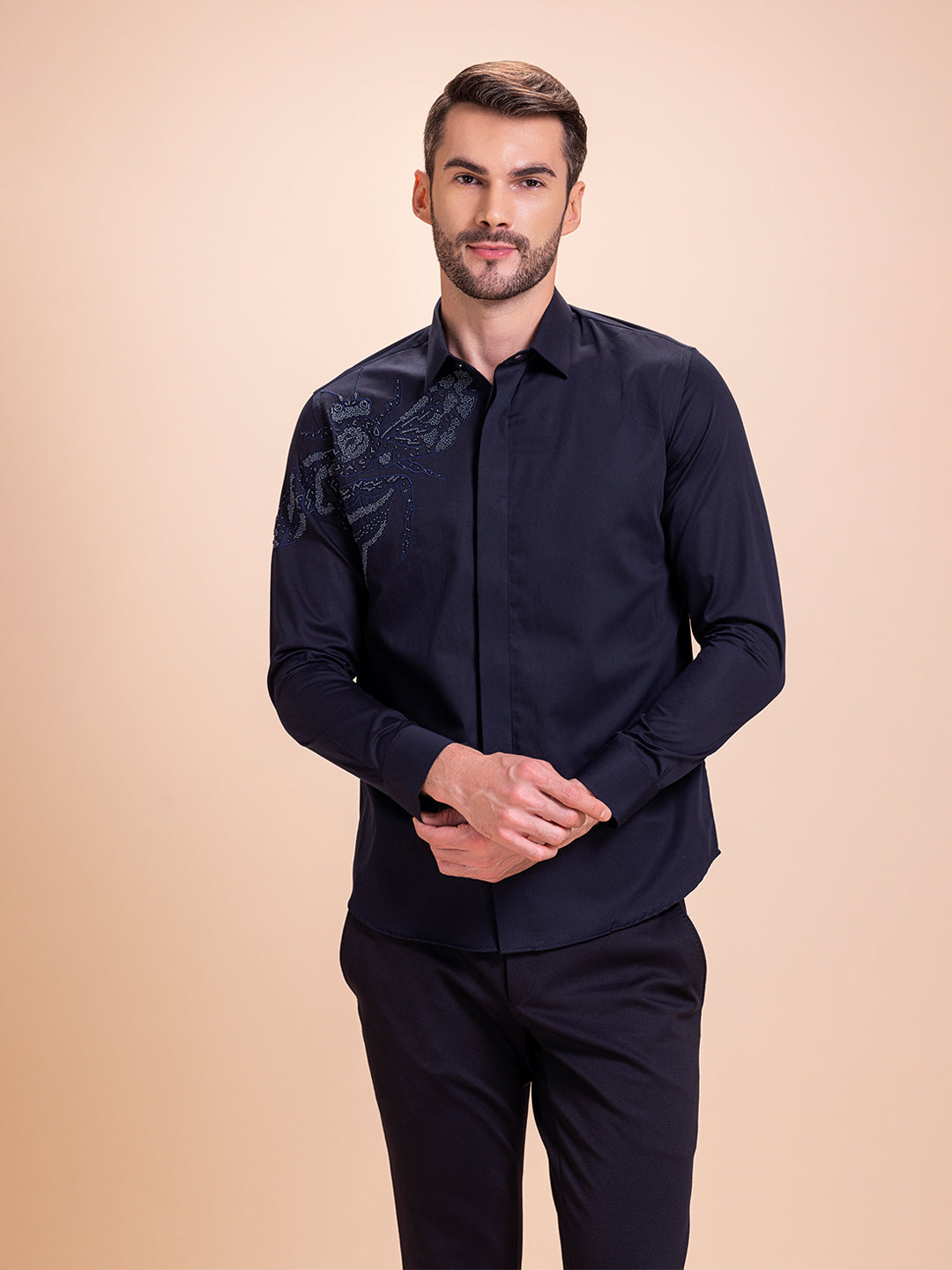 Amit Arora Men Navy Blue Solid Collar Shirt