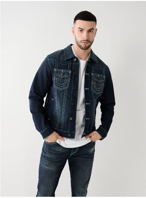 True Religion Men Regular Fit Navy Blue Solid Denim Jacket