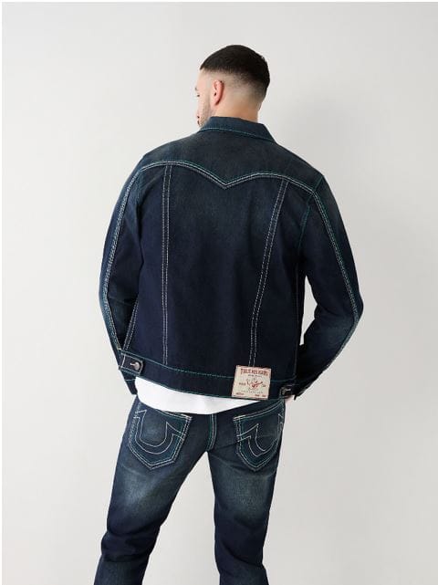 True Religion Men Regular Fit Navy Blue Solid Denim Jacket