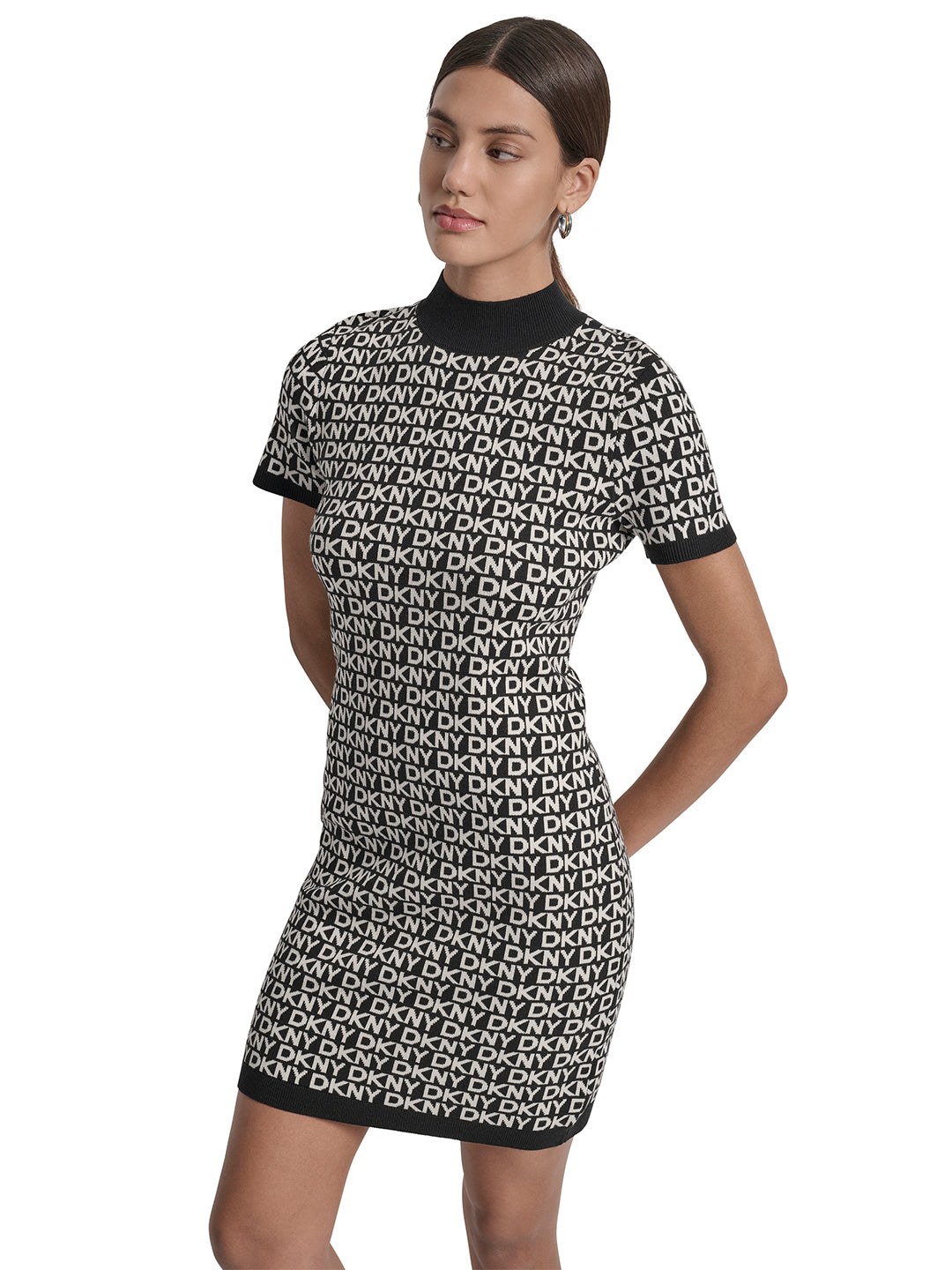 DKNY Women Black Jacquard Round Neck Dress