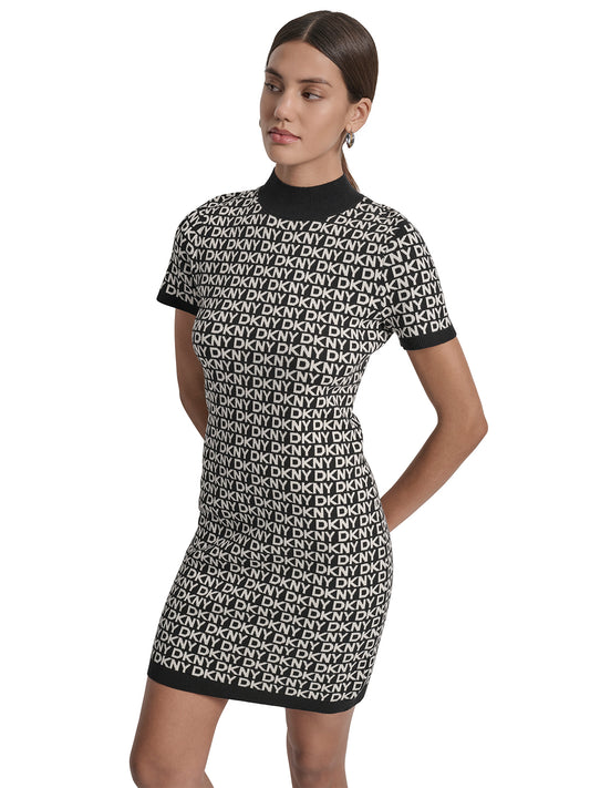 DKNY Women Black Jacquard Round Neck Dress