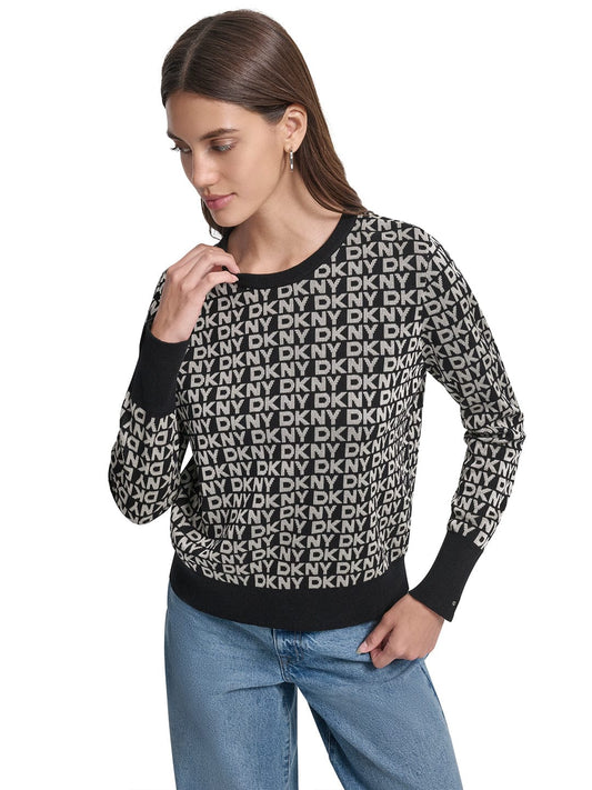 DKNY Women Black Printed Round Neck Sweater