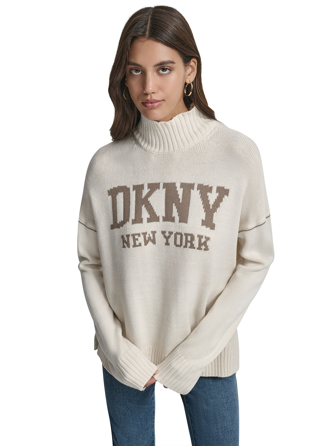 DKNY Women Beige Solid Turtle Neck Sweater