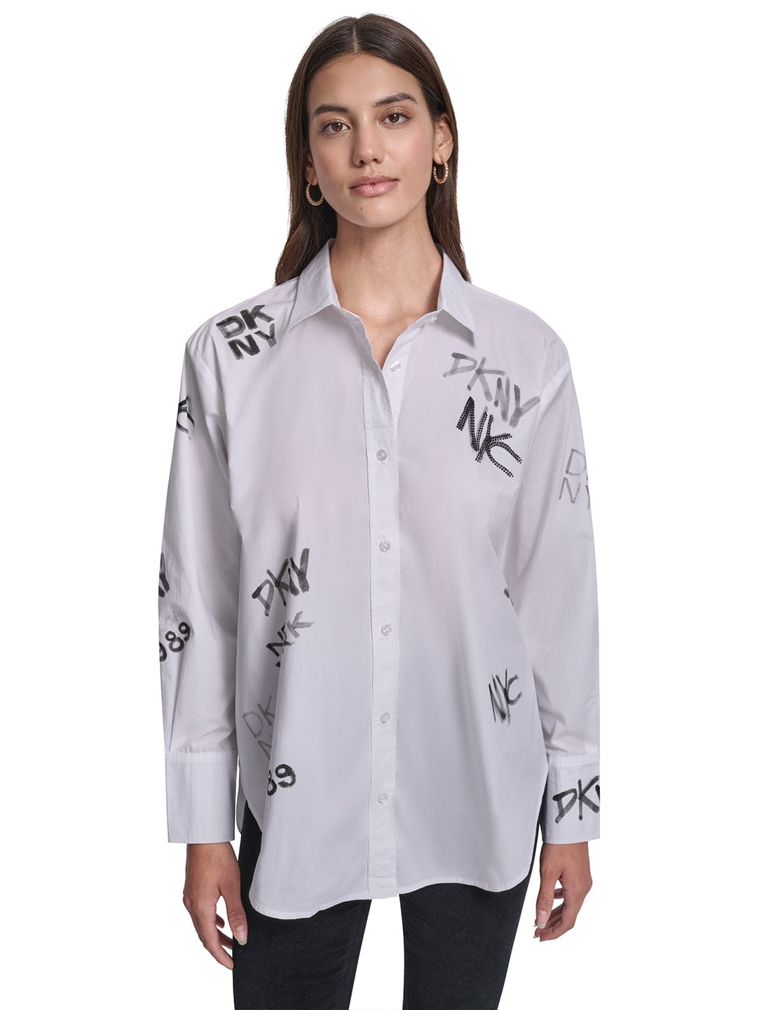 DKNY Women White Placement Print Collar Shirt