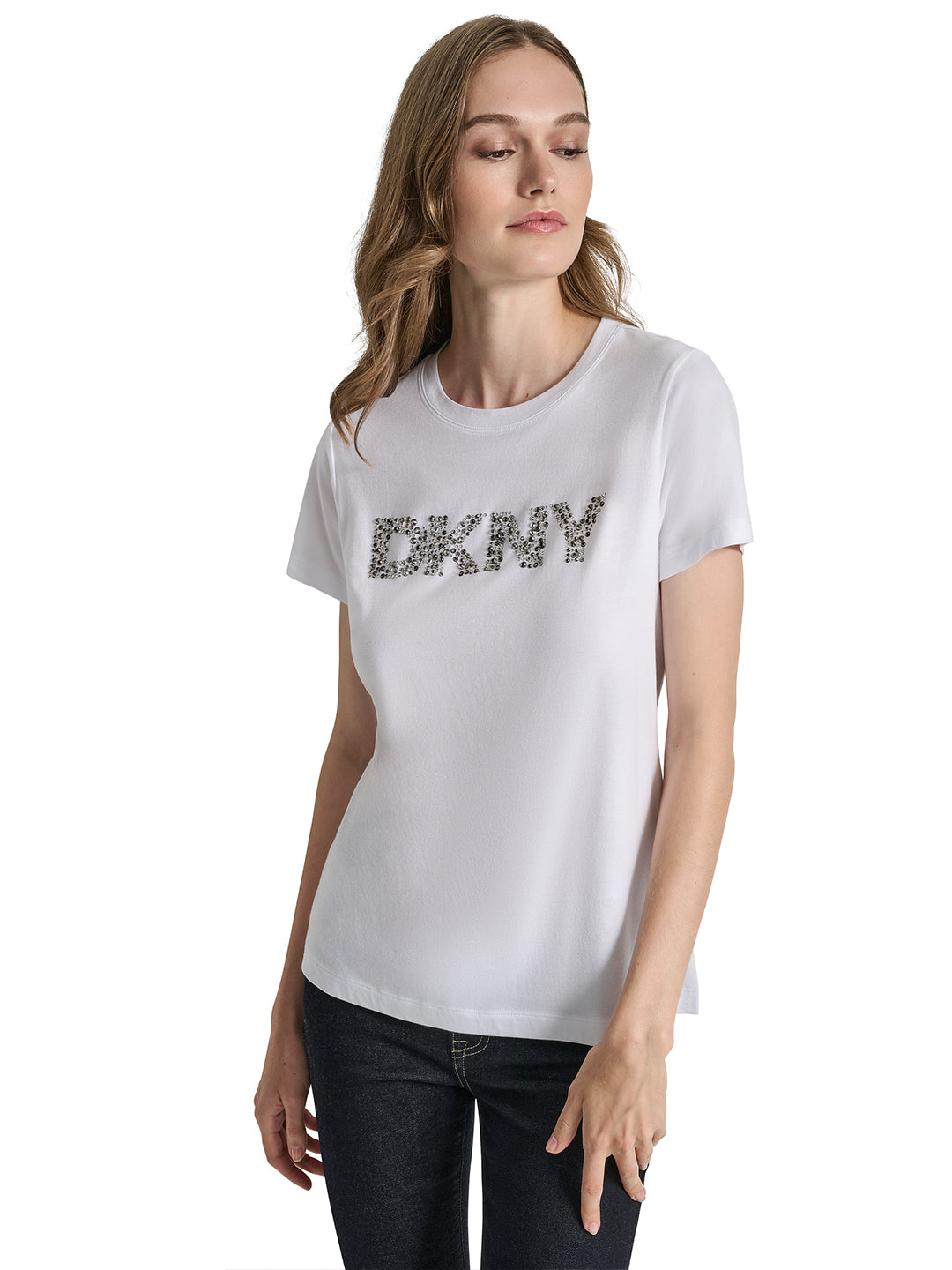 DKNY Women Cream Embroidered Round Neck Tshirt