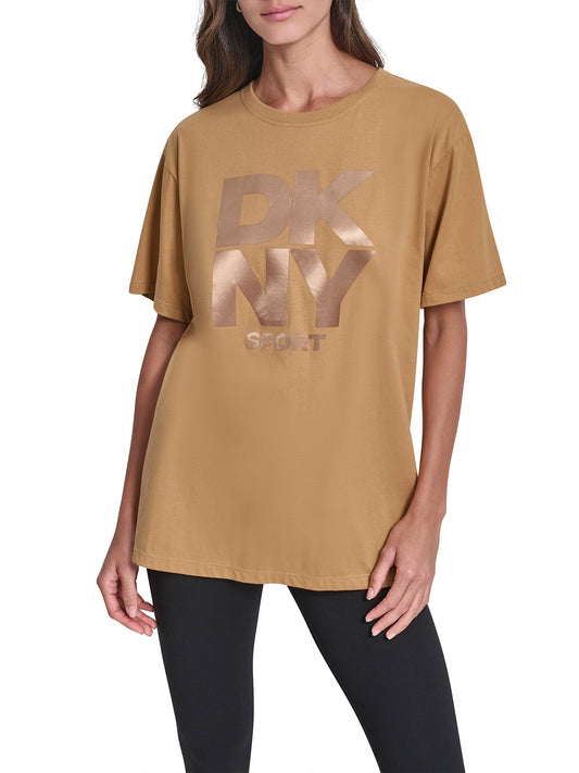 DKNY Women Brown Solid Round Neck Tshirt