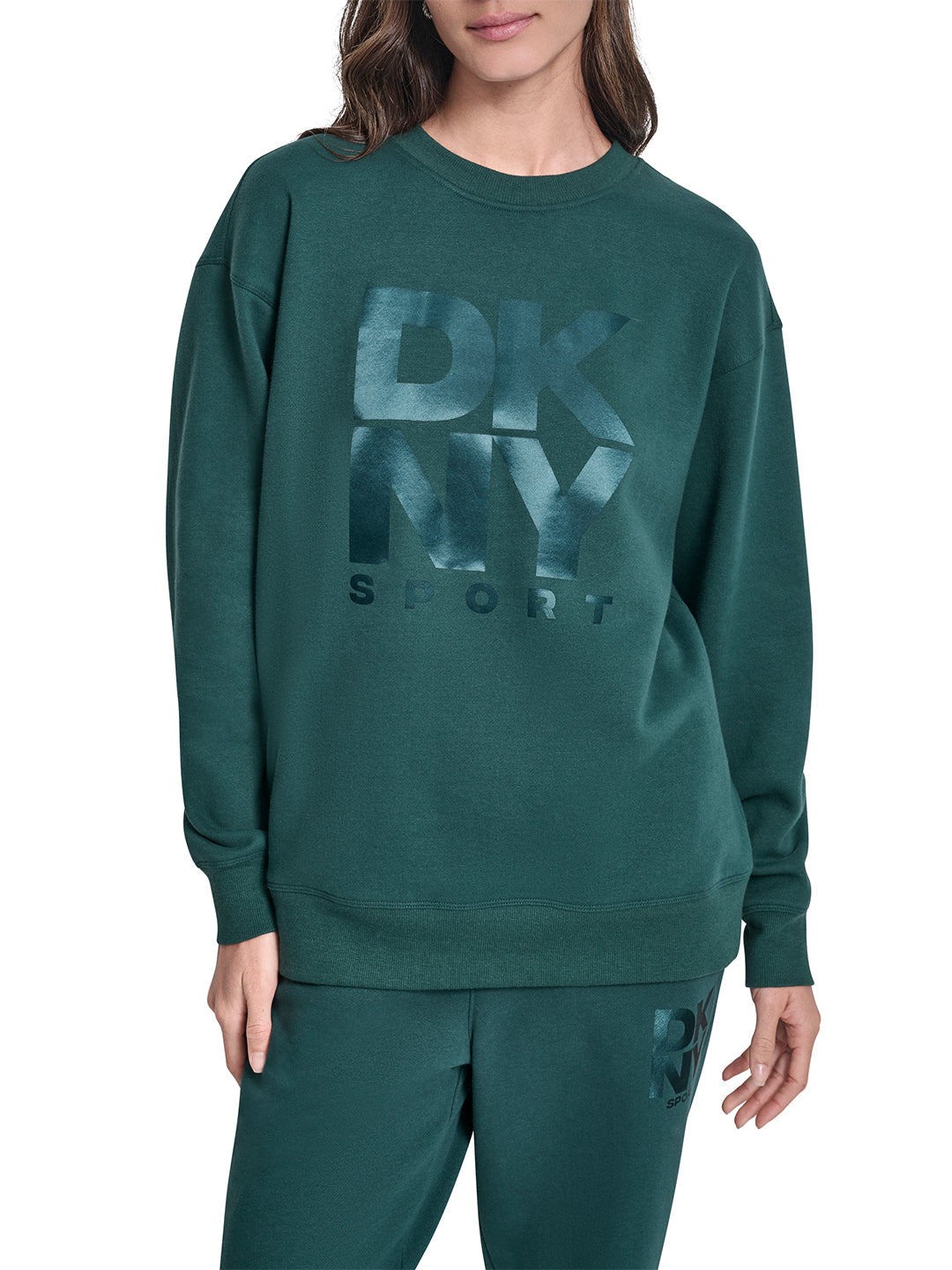 DKNY Women Green Solid Round Neck Sweatshirt