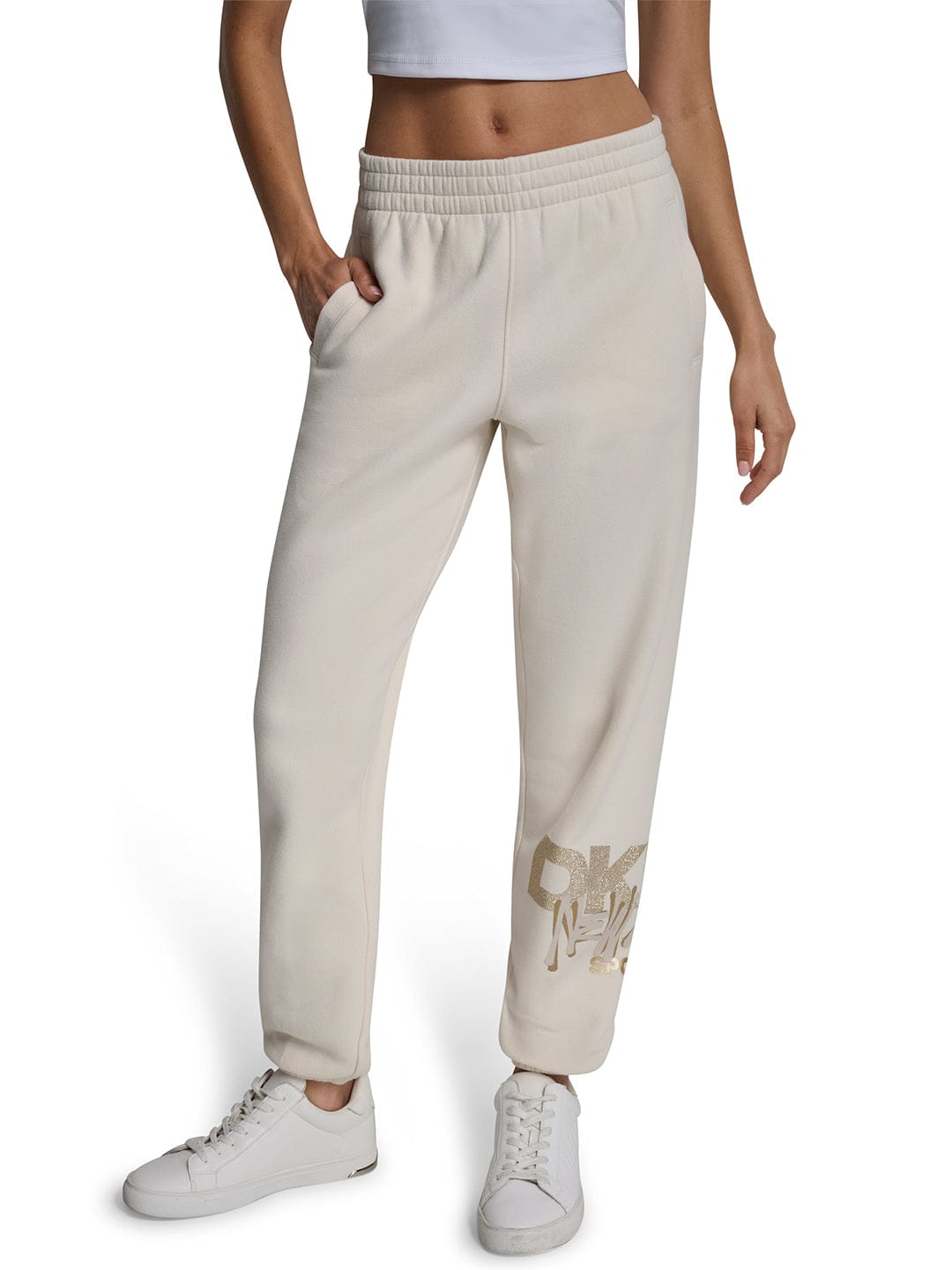 DKNY Women Cream Jogger Placement Print Sweatpant