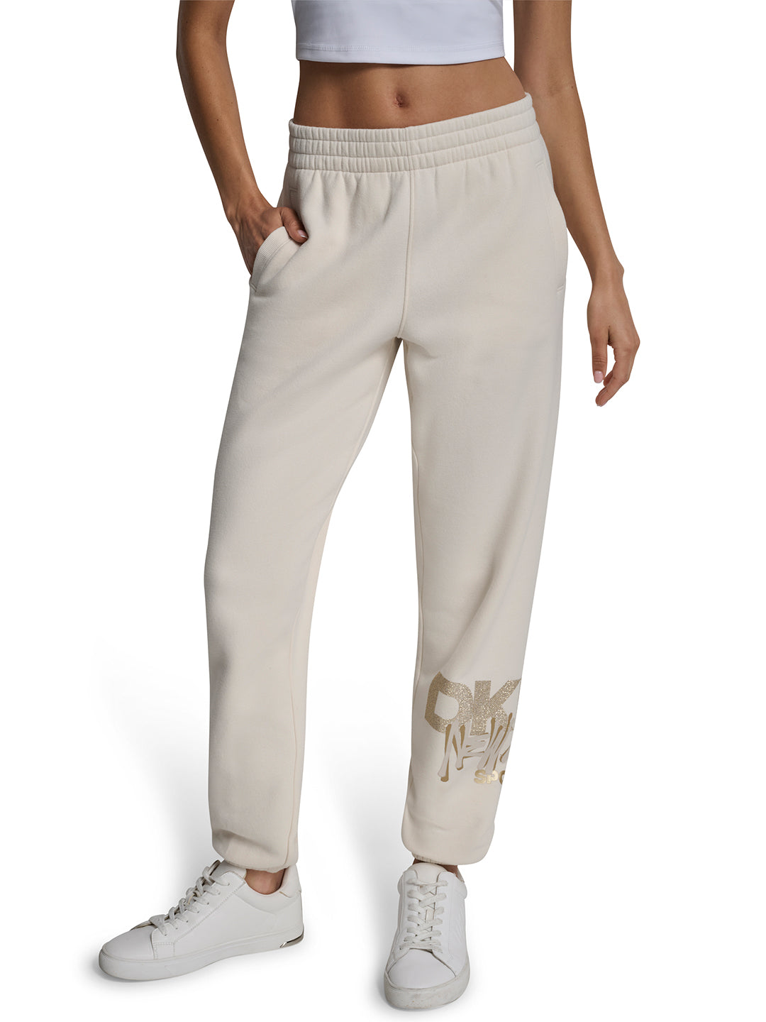 DKNY Women Cream Jogger Placement Print Sweatpant