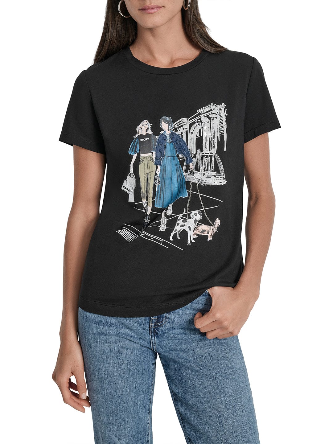 DKNY Women Black Placement Print Round Neck Tshirt