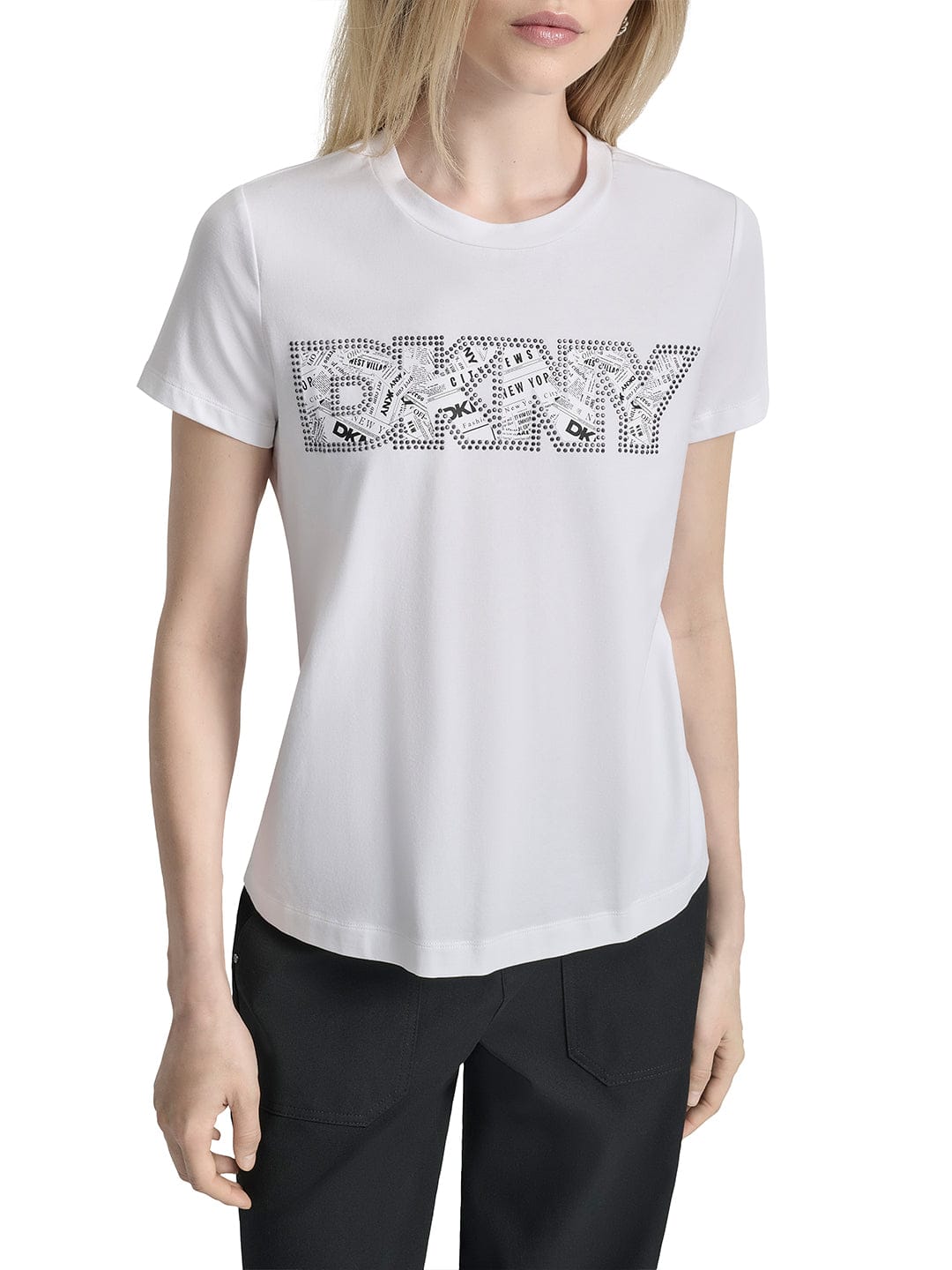 DKNY Women White Solid Round Neck Tshirt