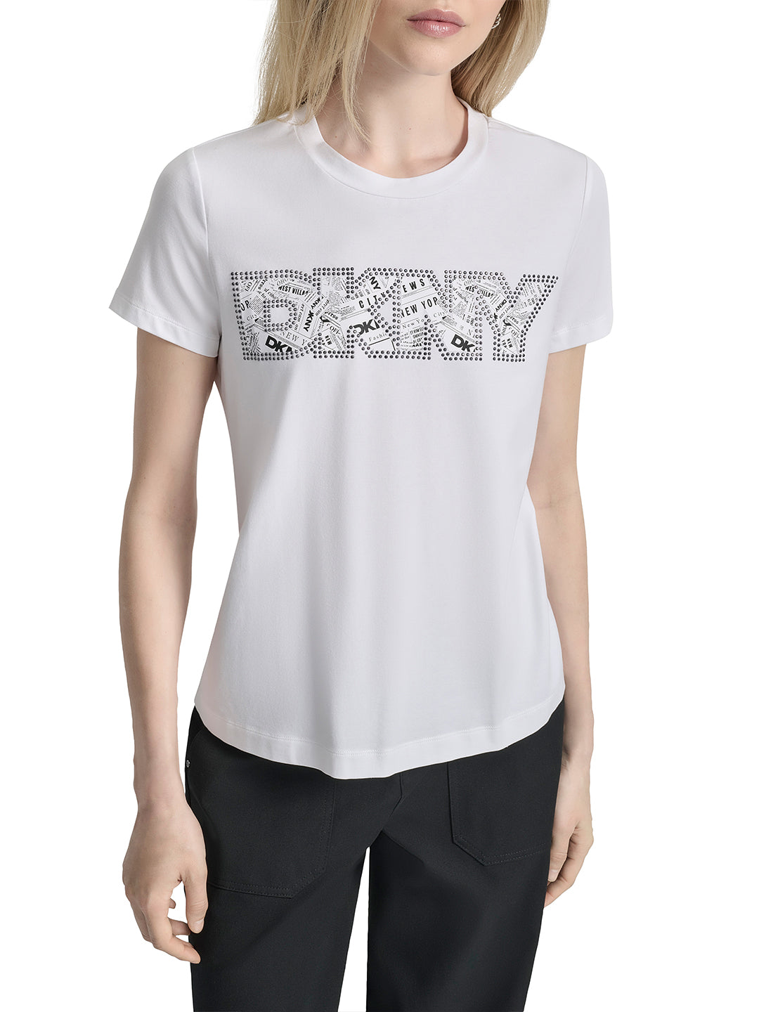 DKNY Women White Solid Round Neck Tshirt