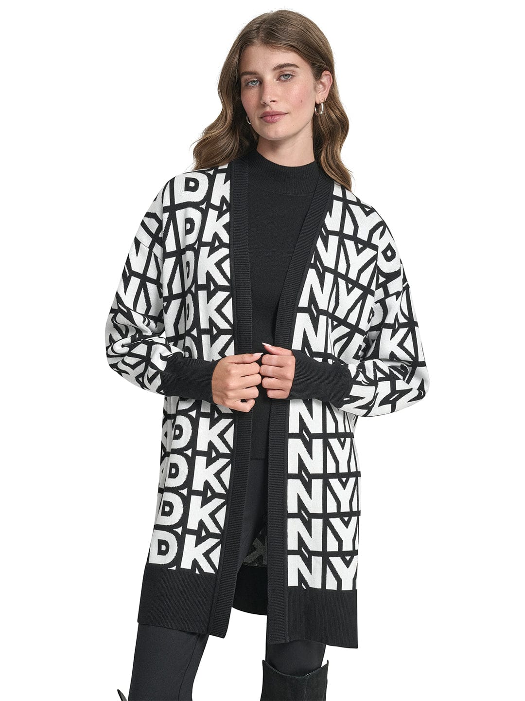 DKNY Women Black Printed Mandarin Collar Sweater