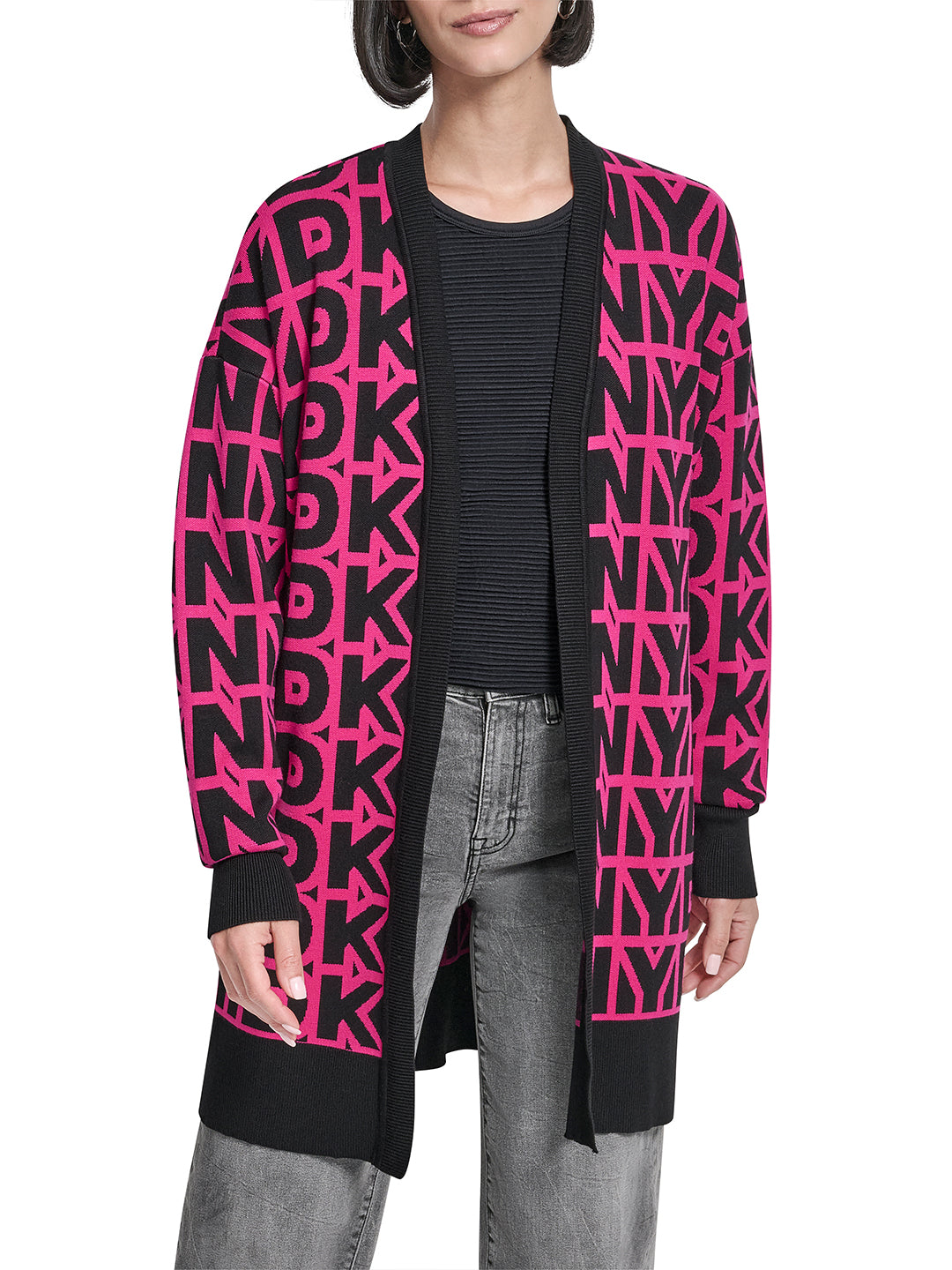DKNY Women Pink Printed Mandarin Collar Sweater