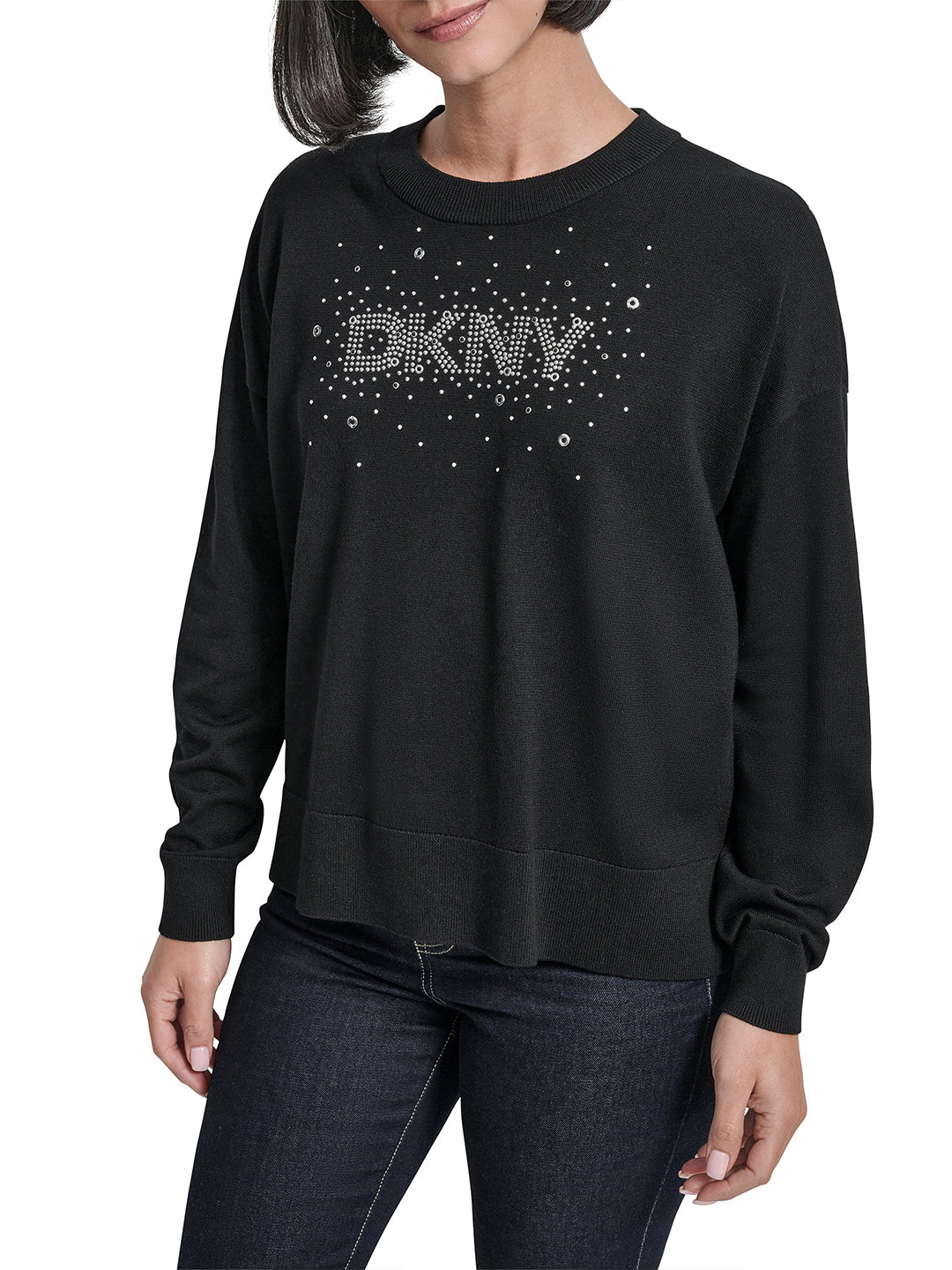 DKNY Women Black Embellished Round Neck Sweater