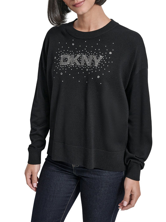 DKNY Women Black Embellished Round Neck Sweater