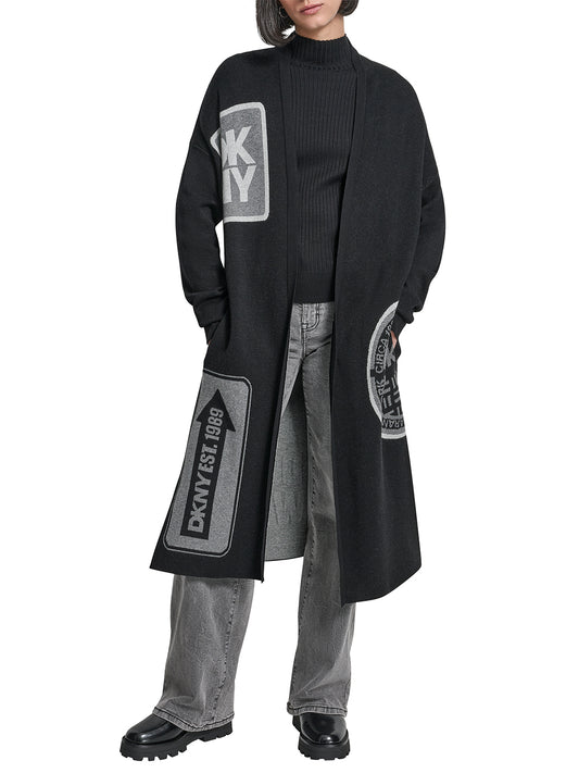 DKNY Women Black Placement Print Mandarin Collar Sweater