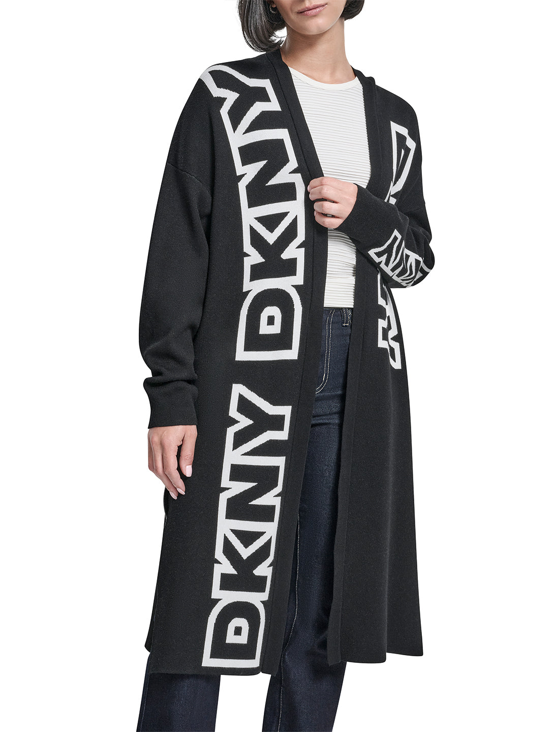 DKNY Women Black Placement Print Mandarin Collar Sweater