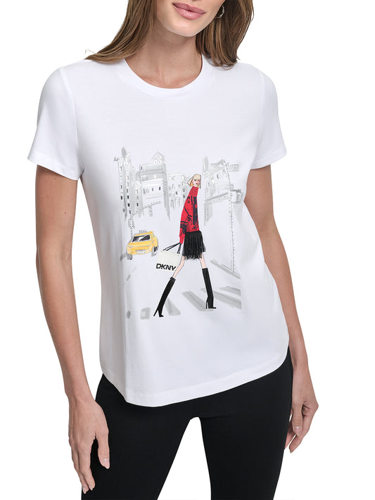 DKNY Women White Placement Print Round Neck Tshirt